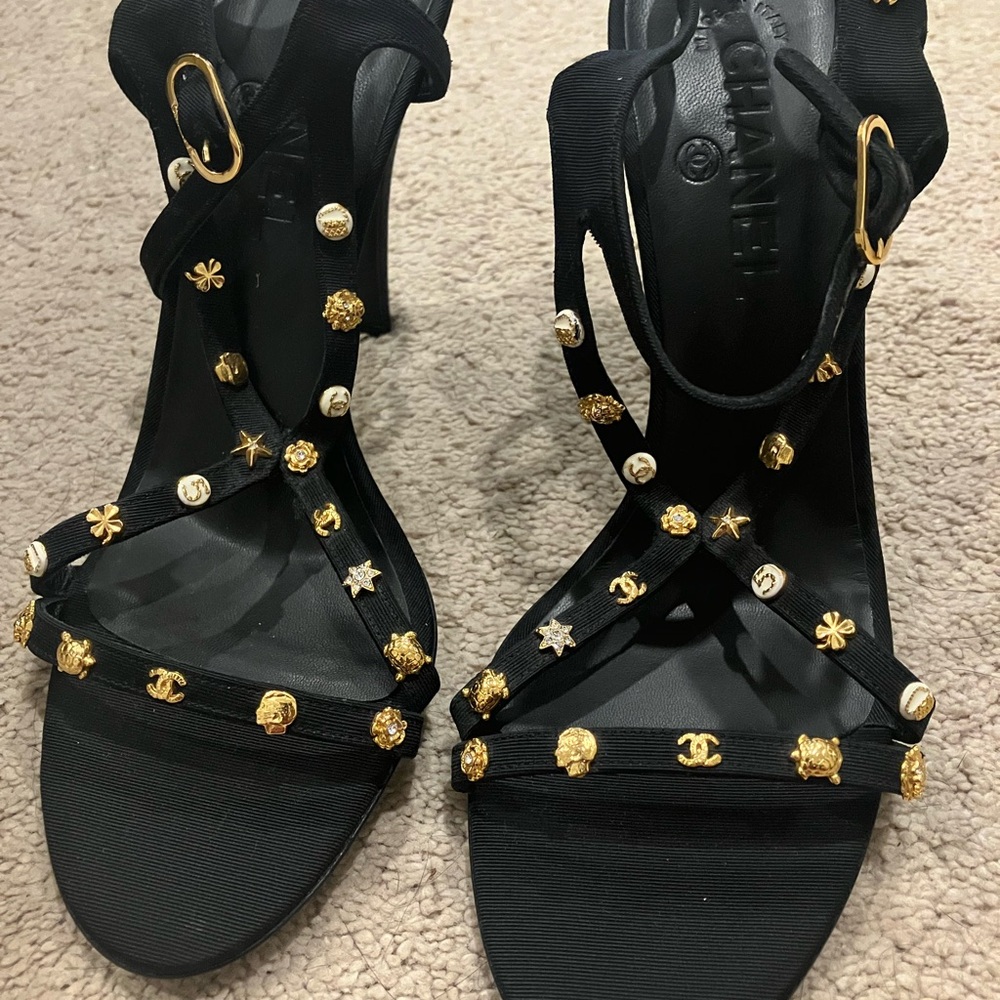 CHANEL Black and Gold Studded Logo Charm Sandals Heels 39